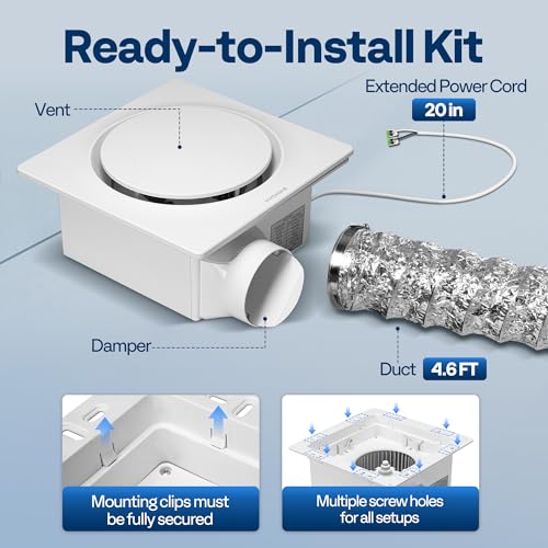 VIVOHOME Bathroom Exhaust Fan with Humidity Sensor 110CFM, Auto On/Off | Energy-Saving EC Motor,10.2-inch Ceiling Retrofit Bath Fan, No Attic Access Needed(Install Kit, 4-in Duct Included) - style: No Light & 110CFM