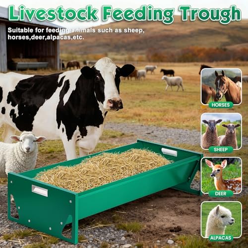 15 Gal Goat Feeder, Deer Feeder Livestock Feeding Metal Trough 39.4 Inch Heavy-Duty Galvanized Portable Pig Feeder for Farms Alpacas Hay Feeder for Goats, Calves, Sheep, Horses Deer (Dark Green)