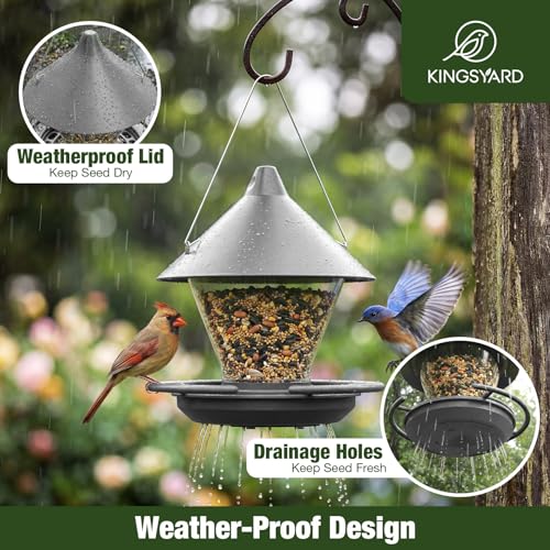 Kingsyard Wild Bird Feeder for Outdoors Hanging | No-Spill Seed Tray, Circular Perch with 360° Feeding, 4 lb Large Capacity, Attracts Cardinals Finches Chickadees, Grey - color: Gray