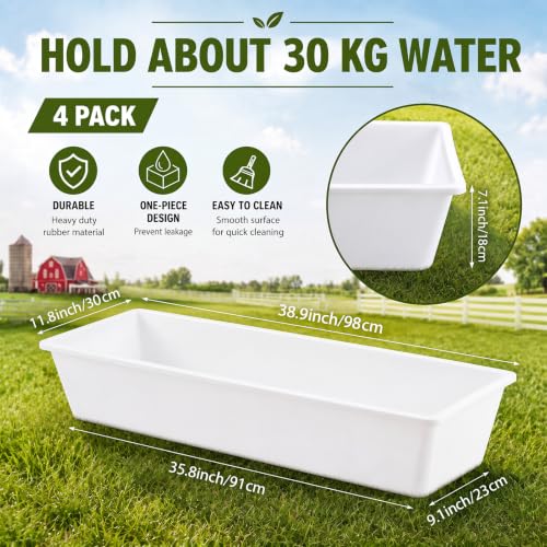 4 Pcs 12 Gallon/48 Quart Plastic Livestock Water Trough, White | 39" Long Large Capacity Livestock Feeding Trough for Calves Pig Sheep Horses Alpacas and Goats Farm Animal Feeding - color: White, size: 12 Gallon/48 Quart