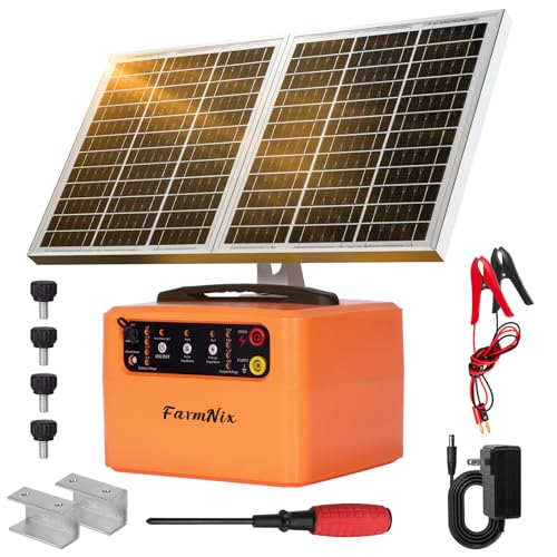 30 Miles Solar Electric Fence Charger, 0.3-1.5J for Livestock Farm | 6-12KV Adjustable Pulse Output,Portable Rechargeable 15W Solar Panel,Solar/AC Power, Waterproof 24/7 Uninterrupted Protection - color: Orange