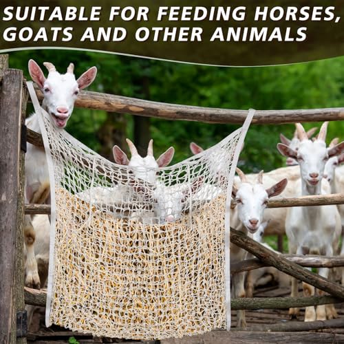 Riakrum 4 PCS Slow Feed Hay Net for Horses, 35 x 31 Inch Large Capacity Hay Bags for Horses Goats Sheep Donkey Trailer Full Day Feeding, Easy to Fill and Hang, White Stall Feeder