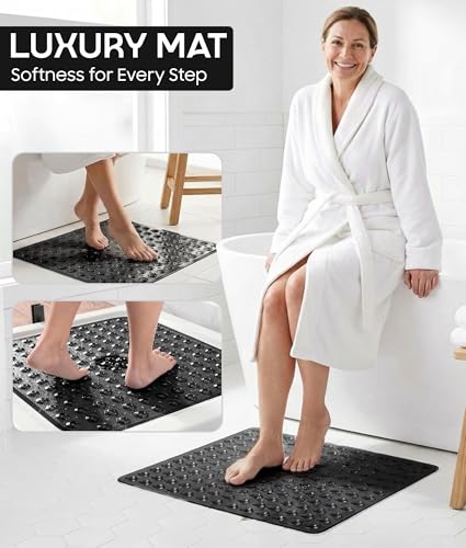 ADOV Square Shower Mat Non Slip, 21 x 21 in Bathtub Mat with 164 Strong Suction Cups, Drain Holes, Machine Washable, Soft Anti-Slip Bathroom Mat for Inside Shower, Tub and Shower Stall - Black - color: Black