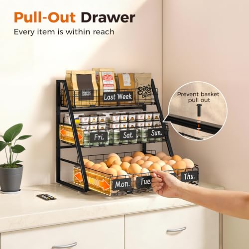 Sevenblue Egg Holder Countertop with 3 Pull-Out Tier Baskets, Black | Sturdy Metal Frame, 5 Adjustable Dividers,7 Date Tags, Egg Basket for Gathering Fresh Eggs, Chicken Coop Accessories - color: Black