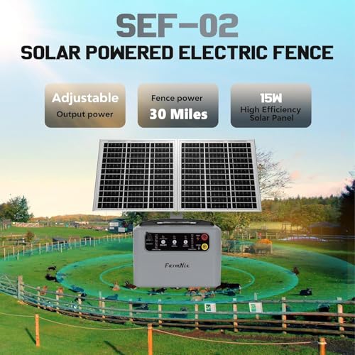15W Solar Fence Charger, 6-12KV Adjustable Output 1.5J, 30 Miles | 24H Continuous Solar Powered Electric Fence Kit for Livestock, Predator Protection, Gardens, Orchards, Dogs, Pets, Poultry