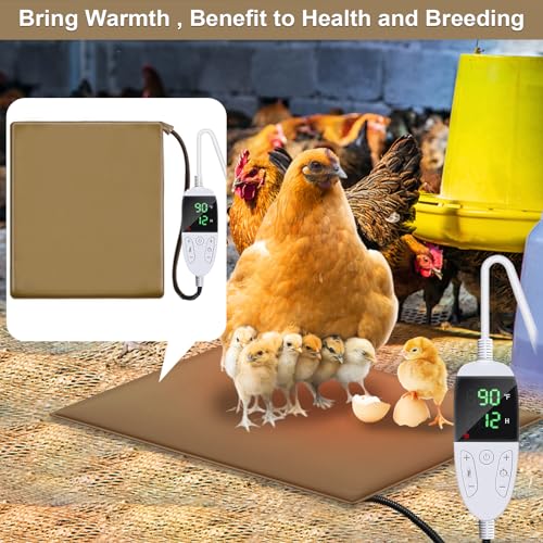 Chicken Heating Pad Chick Brooder Pad Poultry Heated Mat Adjustable Digital Thermostat Brood Heater Warming Blanket with Timer Anti Bite Wire Warmer Bed for Small Animal Pet 15.7 x 23.6 inch
