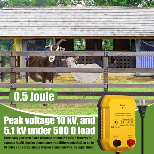 Electric Fence Charger Kit 10 Mile 0.5J 50 Insulators 250ft Wire | 110V Energizer for Poultry Pets Garden Protection, Aluminum Wire Socket Tool Black Insulators, Easy Farm Yard Setup - style: 0.5 Joule