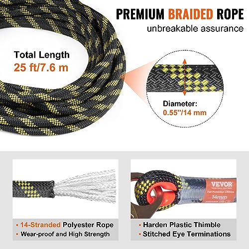 VEVOR Vertical Lifeline Assembly, 0.55'' x 25' Fall Protection Rope with 30 KN Breaking Tension, Polyester Roofing Rope with Steel Snap Hooks, Rope Grab, and Shock Absorber, ANSI Compliant - size: 25FT