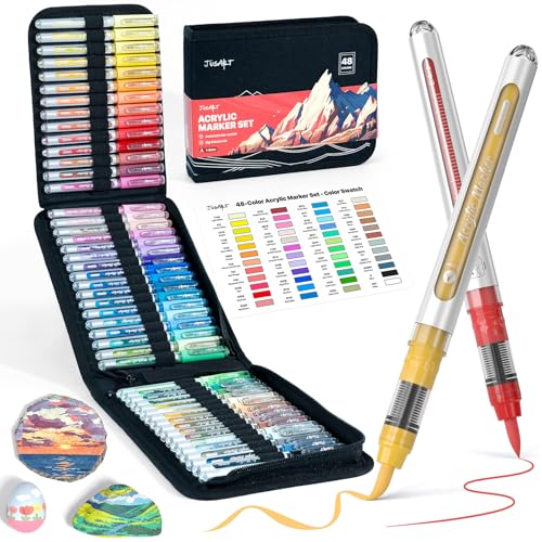 JusArt 48 Colors Acrylic Paint Markers Brush Tip, Automatic Ink Control | Water-Based Paint Pens with Canvas Bag, Waterproof Markers DIY Art & Crafts -Fabric, Rock, Wood, Glass, School Classroom Use - color: 48 Colors