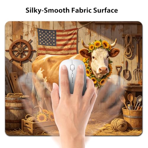 Farm Cow with Sunflower Wreath Mouse Pad 9.5" x 7.9", American Flag Rustic Barn Cute Desk Mat, Country Aesthetic - color: Cow with Sunflower