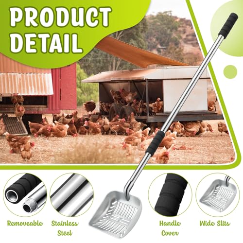 Willinglong 48 Inch Metal Chicken Coop Pooper Scooper (16 to 48 Inch) Long Handle Scooper with Detachable Stainless Steel Long Handle Gloves Accessory for Cleaning Chicken Coop(Silver)