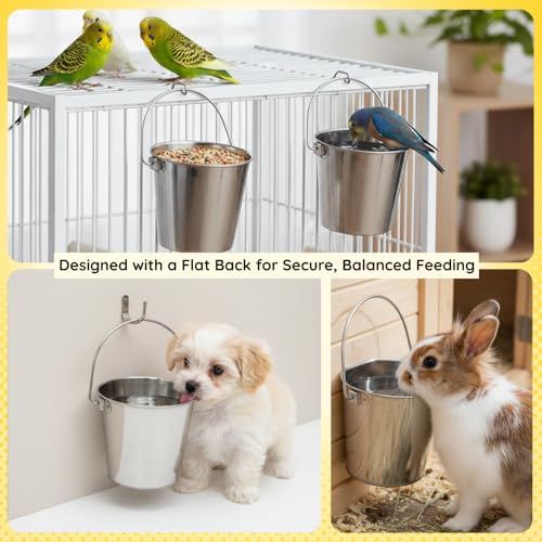 Stainless Steel Flat Side Bucket 1 Quart (0.25 Gallon)- Heavy Duty Hanging Food & Water Pail for Dogs, Cats, Birds, Kennel, Cages & Crates, Durable Rustproof Multi-Purpose Feeding Buckets - size: 1 Quarts