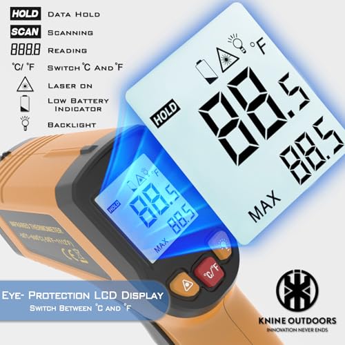 KNINE OUTDOORS Infrared Thermometer Gun, -58℉ to 1112℉ | Temp Gun, Laser Temperature Gun, for Cooking, Oven, BBQ, Griddle, Meat, HVAC Engine, Distance to Spot Ratio 12:1, Orange - color: Orange