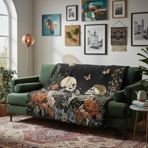 Gothic Floral Skeleton Blanket Gifts for Men Women Kids Moon Starry Night Lovers Throw Blanket Gifts 50"x60" - color: Black