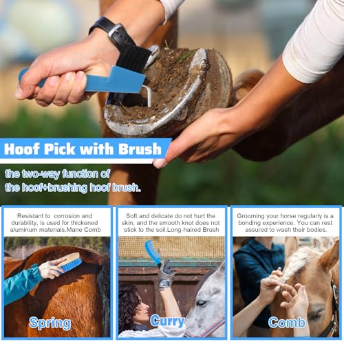 Abbylike 12 Pieces Horse Grooming Kit Racing Festival Tack Room Supplies Horse Brush Sets Equine Care Cleaning Kit Shedding Grooming Massaging Tools(Blue) - color: Blue