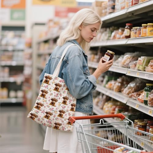 Aesthetic Canvas Tote Bag for Women - with Magnetic Snap Closure & Zipper Inner Pocket Reusable Totes Bag - color: Cow1