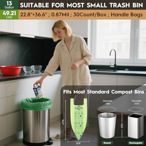10-13 Gallon Compostable Trash Bags with Handles Tie 30 Bags Biodegradable Garbage Bags Food Scrap Green Waste Bags Thick 0.87 Mil 49.21 Liter ASTM D6400, US BPI and OK Compost Home Certified - color: 13 Gallon Handle Tie, 30 Count