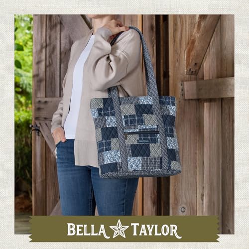 Bella Taylor Large Tote, Quilted Shoulder Bag for Women | Lightweight, 6-pocket large quilted purse, machine washable, zippered top, ultimate organization, durable construction - color: Heritage Blue Patch