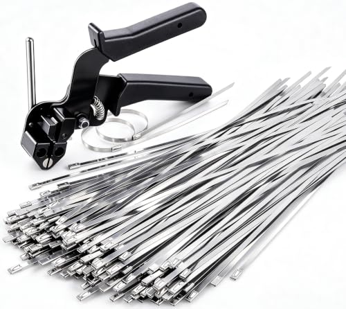 Stainless Steel Zip Tie Tool Kit with 150 Pcs 304 Metal Zip Ties | 200 lb tensile rating, serrated jaw grip, controlled tightening, close-cut blade for chain-link fences, wire mesh, farm cages
