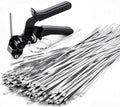 Stainless Steel Zip Tie Tool Kit with 150 Pcs 304 Metal Zip Ties | 200 lb tensile rating, serrated jaw grip, controlled tightening, close-cut blade for chain-link fences, wire mesh, farm cages
