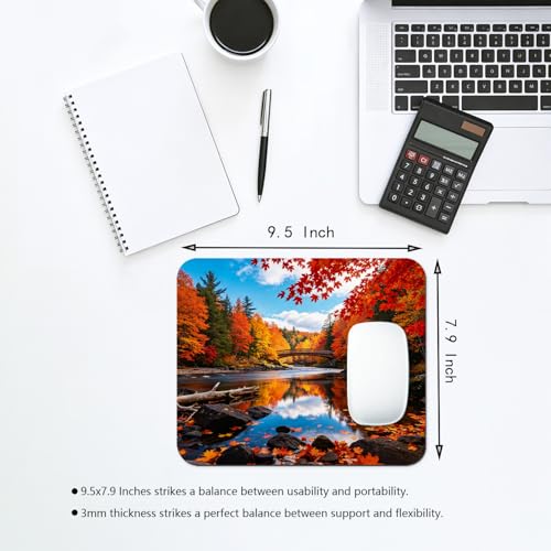 Autumn Forest River with Bridge Mouse Pad 9.5" x 7.9", Red Yellow Fall Maple Leaves Cute Desk Mat, Scenic Landscape - color: Autumn Scenery