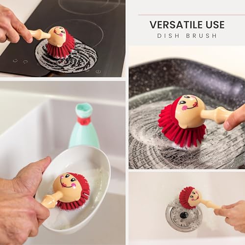 Vigar Dolls Dish Brush with Holder for Dishes - Green, Red | Dish Scrubber, Kitchen Scrub Brush, Dishwashing Brush Tool for Kitchen Sink Cleaning, Cute Standing Design - color: Green, Red