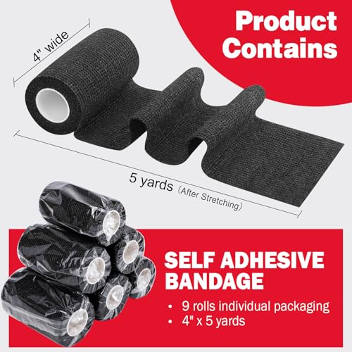 AZEN 9 Pack Self Adhesive Bandage Wrap, 4" X 5 Yards Elastic Cohesive Bandage Wrap, Color Athletic Tape, Tattoo Grip Tape Wrap, Vet Wrap, Ankle Tape - color: Black, size: 4IN - 9Pack