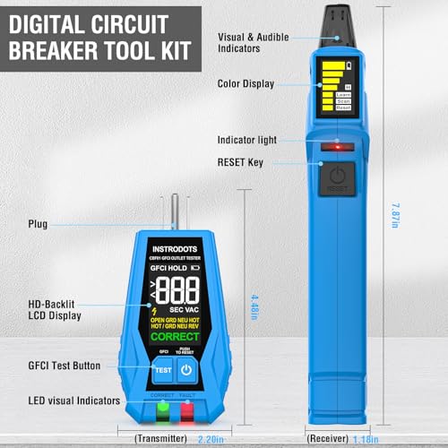Circuit Breaker Finder, AC 90-135V Circuit Tracer Tool Kit | Breaker Finder with GFCI Outlet Tester, Buzzer Alarm & Color Display, Includes Carrying Case, Adapter, Alligator Clips - size: Circuit Breaker Finder Tool Kit