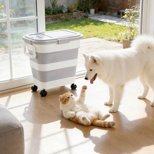 Dog Food Storage Container 30-40lbs, Airtight Pet Food Bin w/ Clear Window | Collapsible Rolling Storage Container with Wheels; Foldable Bucket with Locking Lid & Scoop; Gray - color: Gray-L