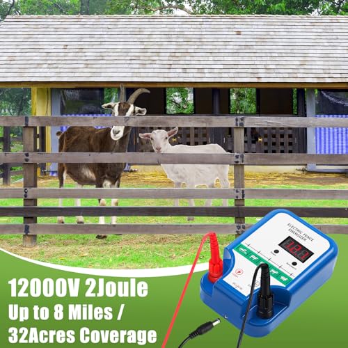 Electric Fence Kit, 8 Mile 12kV 2J Electric Fence Charger AC/DC Powered with 50 Insulators, Socket Tool, 250ft Aluminum Wire for Livestock Control(LCD Display Ver.,Blue) - style: LCD Display Ver