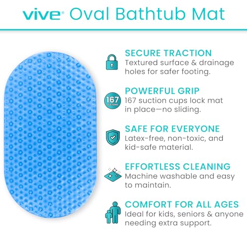 Vive Oval Bathtub Mat - Nonslip Shower Floor Pad - Non-Slip and Non-Skid | For Bath Tub with Strong Rubber Suction Cup Grip - for Baby, Elderly, Kids, Bathroom (Blue) - color: Blue