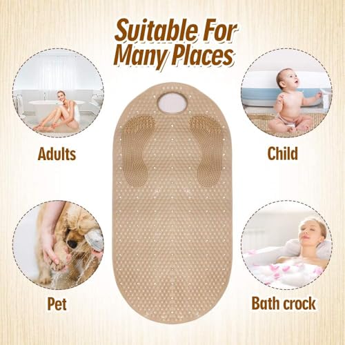 Shower Mats Bath Mat Non Slip Bath Mats for Tub Grinding Floor Massage Mat Foot Scrubber with Removable Pumice Stone 15.7 x 31.4 inch Soft Bathtub Mat with Suction Cups & Drain Holes (Beige) - color: Beige