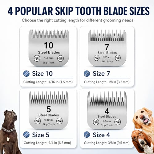 7+5+4 Skip tooth Detachable Pet Dog Grooming Steel Blades Set,Compatible with Andis,Oster A5,Wahl KM10 Series Clippers,Cut Length 1/8"(3.2mm) to 3/8”(9.5mm),3 Pack - size: 7+5+4 Skip tooth Blade