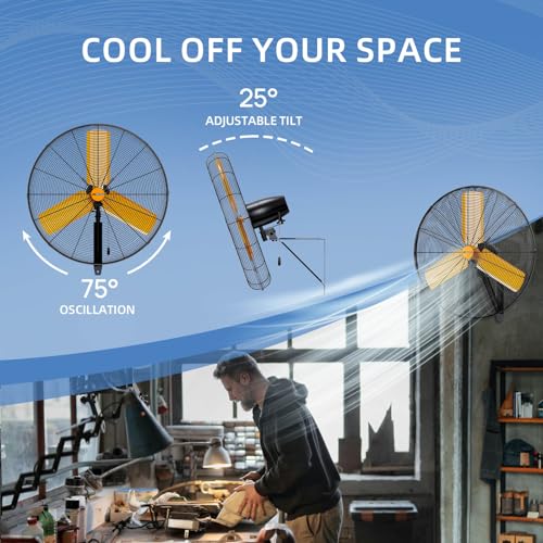 24 inch Oscillating High Velocity Wall Mount Fan, 7600 CFM Industrial Heavy Duty Metal Wall Fan, 3 Speeds, Adjustable Height and Tilt, Commercial Shop Fans for Garage, Workshop - size: 24 inch - Indoor