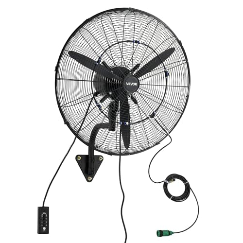 VEVOR Wall Mount Fan, 24 in Wall Mounted Hanging Fan with Oscillating & Mist, IP44-rated, 3-Speed, Powerful Air Reach, Mechanical Control, Long Airflow for Industry, Commercial, Garage, Workshop