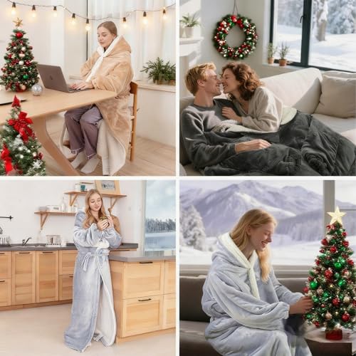 Electric Heated Blankets Hoodie for Women with Removable FootPocket,Wearable Heated Blanket Throw with Sleeves Heated Robe Flannel&Sherpa Heating Wrap Poncho Shawl with 9 Temp 50"x80" - color: Light Gray, size: 50"×80"