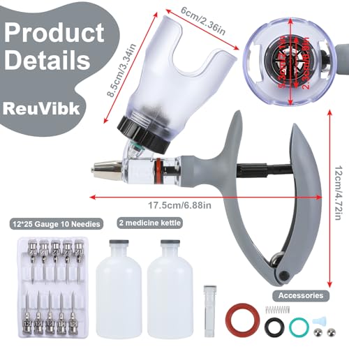 5ml Continuous Self-Refilling Livestock Syringe, 10 Needles Included | Adjustable dosage from 0.5ml to 5ml Veterinary Injection Gun for Chicken, Duck, Pig, Sheep, Cow Poultry - color: Grey