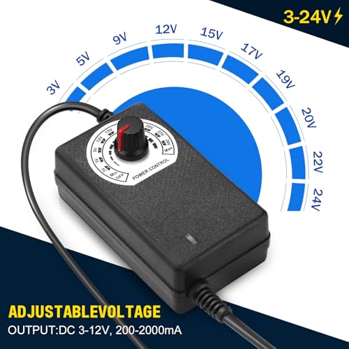 Facmogu Adjustable Fan Speed Controller 3V-24V 1A, Variable Voltage Supply | 24W AC/DC Power Adapter for Cooling Fan, DC Motor & LED Strip Lights | Universal Replacement Power Converter - size: 3-24V 1A