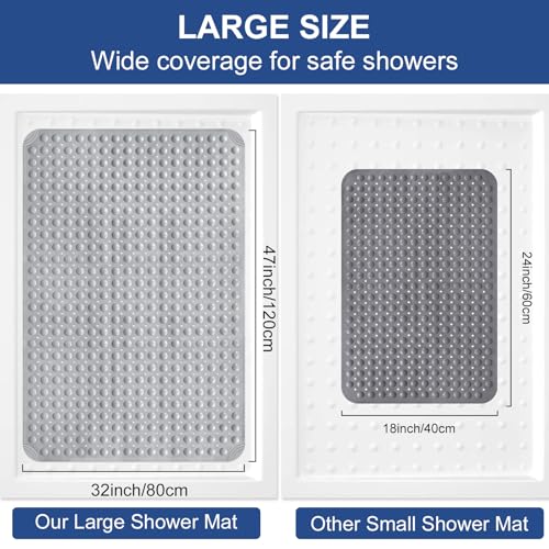 Shower Mat Non Slip: 47" x 32" Large Shower Mats for Inside Shower - Soft TPE Cuttable Anti Slip Shower Stall Mat with Drain Holes and Suction Cups - color: Gray, size: 47" x 32" (Rectangular)