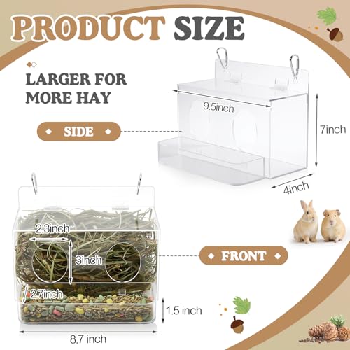 Honeydak Acrylic Rabbit Hay Feeder with Lid, Two in One Hanging Guinea Pig Hay Feeder with Hook Food Dispenser Bin for Bunny, Guinea Pig, Chinchilla