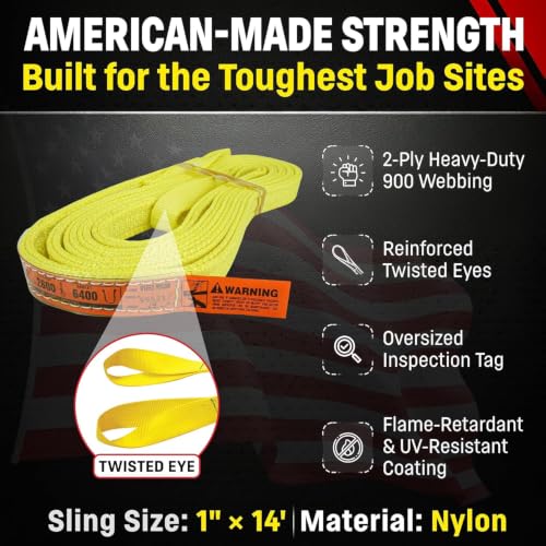 DD Sling 1 Inch x 14 Foot Nylon Lifting Sling – USA Made, 3,200 lb Vertical, 2,600 lb Choker, 6,400 lb Basket – 2-Ply Heavy Duty 900 Webbing, Type 4 Twisted Eye & Eye Rigging Sling - size: 1 in x 14 ft