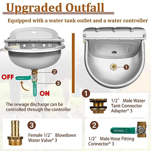 Tessco for you 3 Sets Automatic Animal Drinking Water Bowl, 304 Stainless Steel Livestock Waterer Dispenser for Dog Horse Goat Pig Cow, 4l/135oz with Float Valve and Water Tank, Drinking Trough