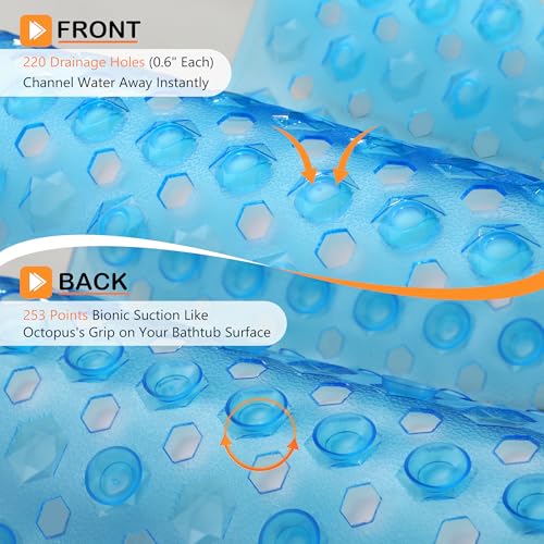 Yimobra Bathtub Mat Non Slip, 34.5"X15.5" Long Shower Mat for Inside Shower, Machine Washable Bath Mat with Drain Holes & Strong Suction Cups, Soft on Feet, Bathroom Essentials, Clear Blue - color: Clear Blue, size: 34.5 X 15.5 Inch