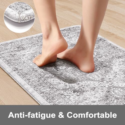 KIMODE Anti Fatigue Kitchen Mats, 2 PCS Cushioned Kitchen Rugs and Mats | Waterproof Kitchen Floor Mats Non Slip, Boho Comfort Foam Standing Mat for Laundry, Office, Sink, Grey Brown 17"x47"+17"x29" - color: Grey/Multi, size: 17.3" x 47"+17.3" x 29"--0.47