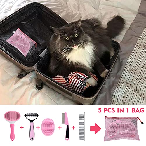Dog Grooming Kit - Deshedding Brush for Short Hair, Slicker Brush, Flea Comb, Puppy Brush Set in Pink - color: Pink