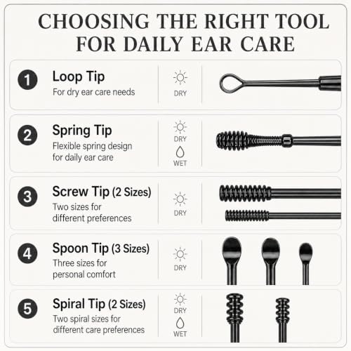 Hion 6 Pcs Ear Wax Removal Kit,Professional Double-Headed Ear Pick Earwax Removal Tools,316L Stainless Steel Ear Cleaner Curette with Cleaning Brush and Storage Box,Suit for Kid Adult(Black) - color: Black