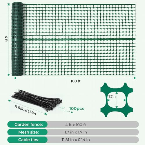 Ohuhu 4'×100'/15 LB Ultra Thick Plastic Mesh Safety Fence, Green | Reusable HDPE Construction Barrier Netting, Heavy Duty Temporary Netting for Snow Fence Pool Animal Barrier for Poultry Deer - color: Green, size: 4' x 100' (15 lb/roll)