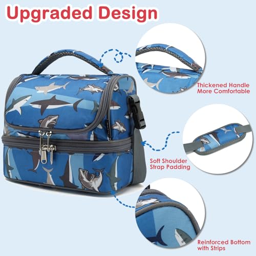 FlowFly Kids Double Decker Cooler Insulated Lunch Bag Large Tote for Boys, Girls, Men, Women, With Adjustable Strap, Shark - color: Shark