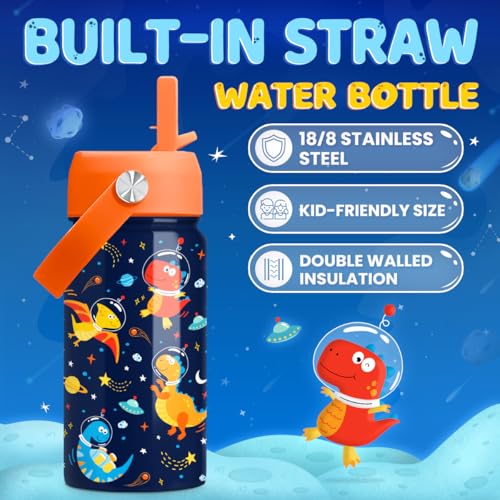 Kids Water Bottle with Straw Lid - 12 Oz Insulated Stainless Steel Dinosaur Water Bottles for Kid Boys - Travel Cup for School Sports - color: Cosmos Dinosaur