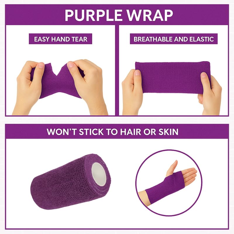 4" Cohesive Flexible Bandage Wrap – Purple - 8 Pack | Self-Adherent Vet Tape for Animal Use | Breathable, Easy Tear, No Clips Required | Ideal for Horses, Dogs, Livestock, Pets - color: Purple